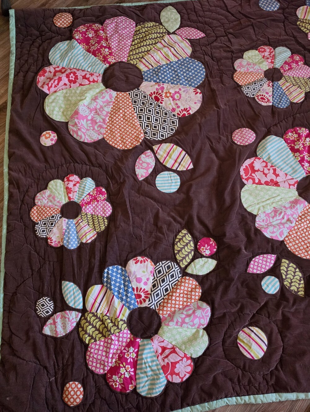 Vintage PB Teen Bright Blossom Patchwork Full Queen Quilt Brown Pink Boho